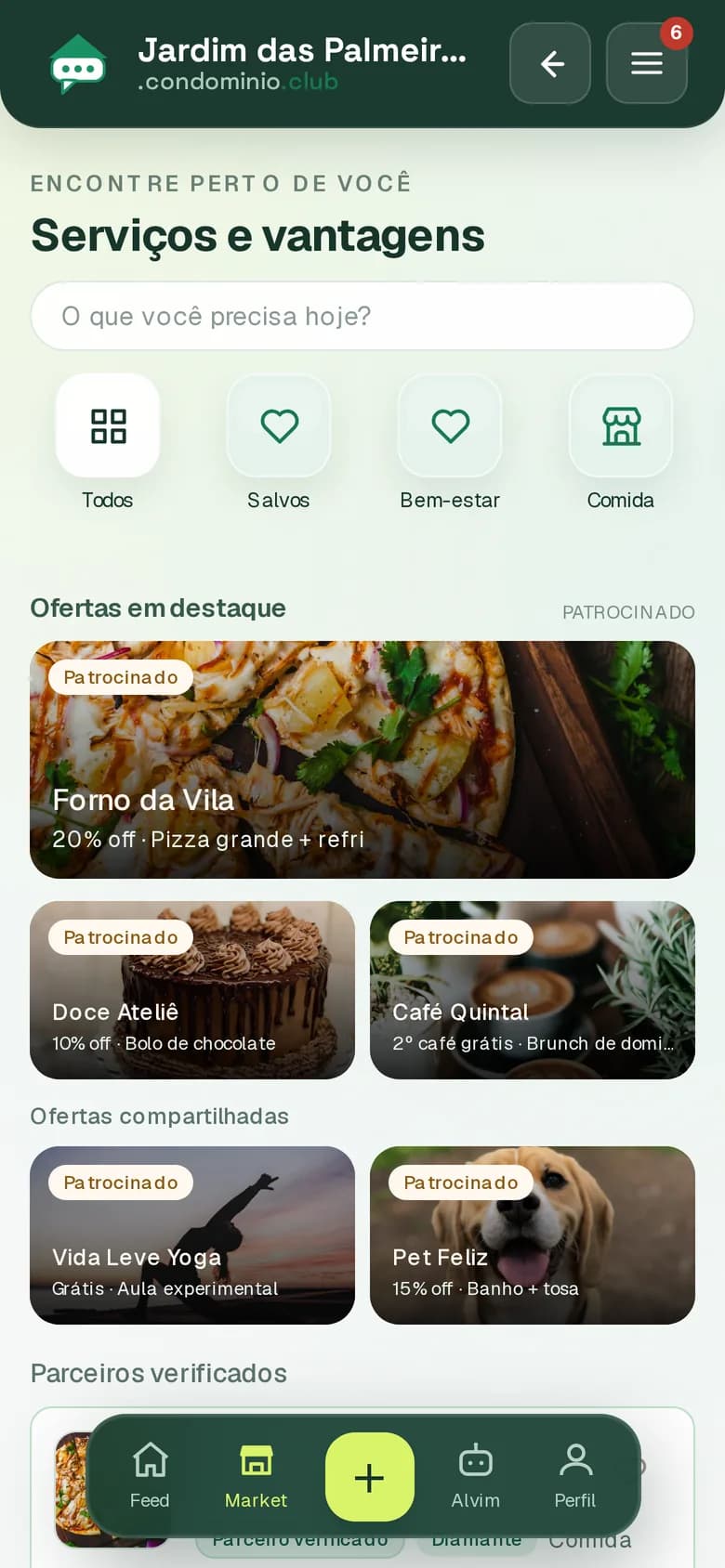Market no celular: ofertas em destaque de pizzaria, café, doceria, yoga e pet shop